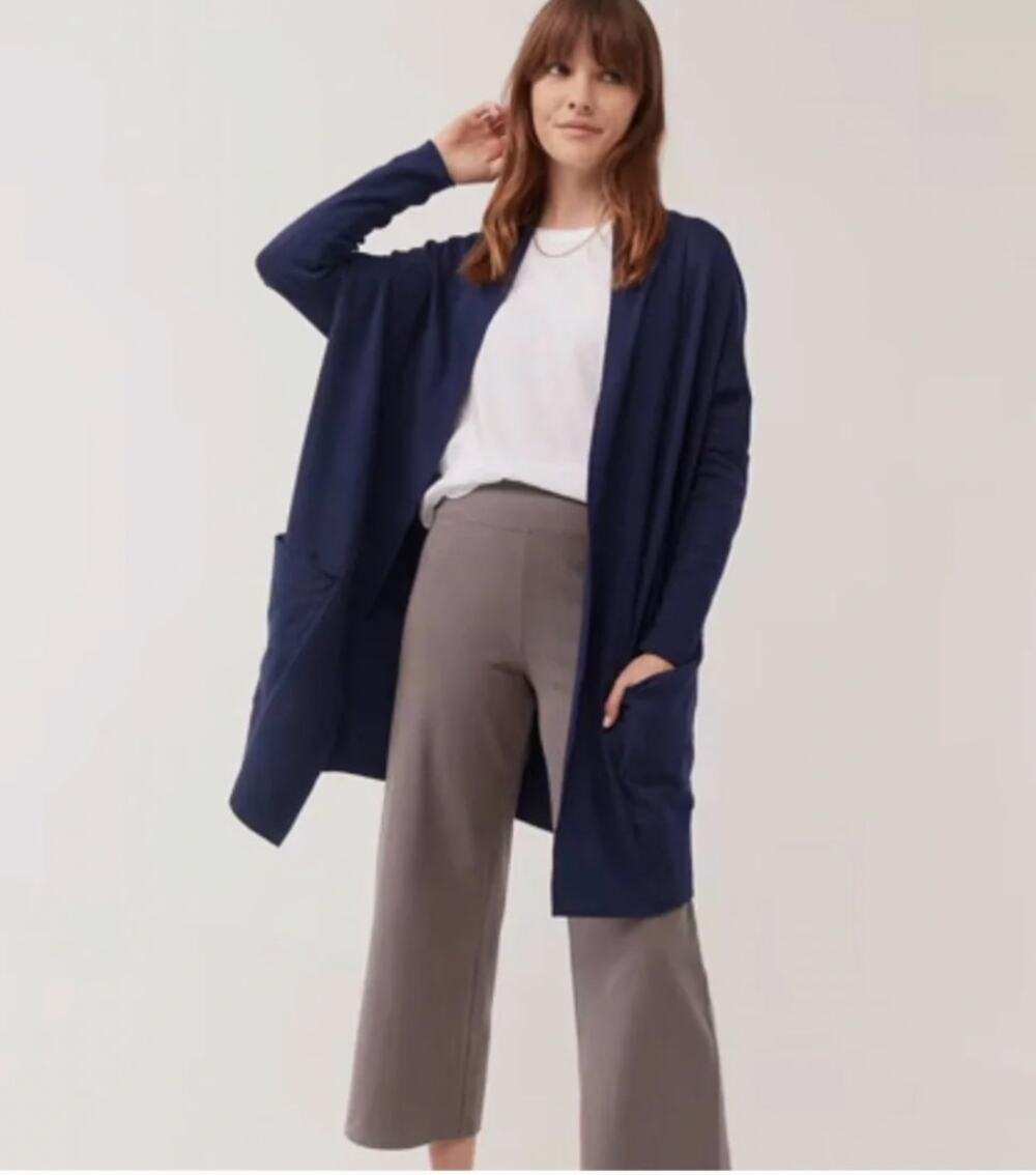 Pact Airplane Cardigan Organic Cotton Long Open-Front Navy L/XL Cozy Travel